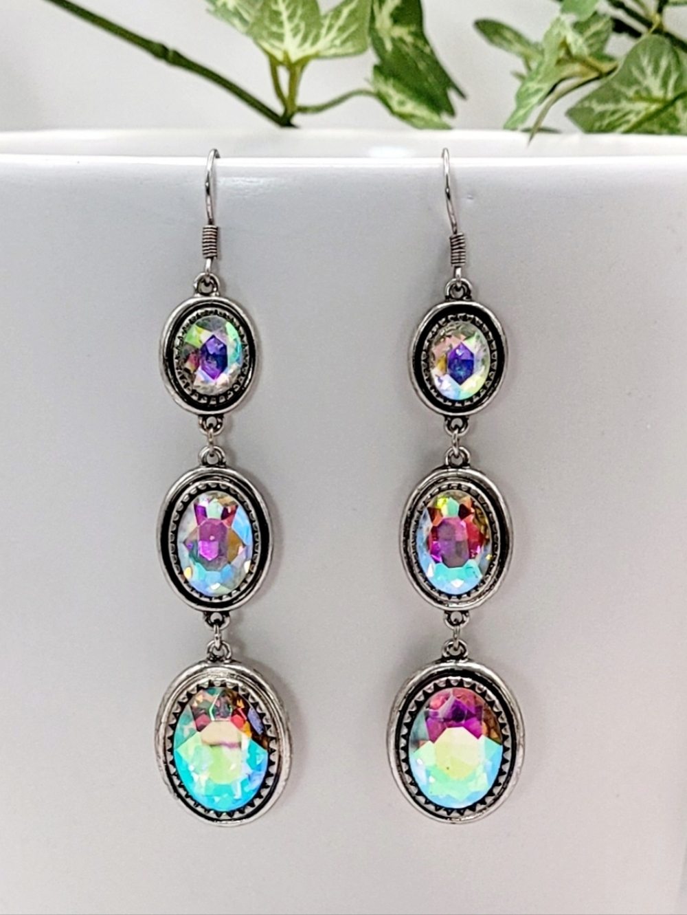 Triple Oval Crystal Drop Earrings - Aurora Iridescent New